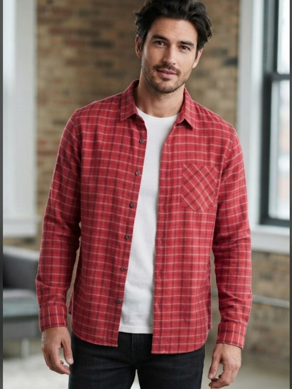 Anchor Blue Red, Black, White Plaid Long Sleeve Button Down Shirt Size Small